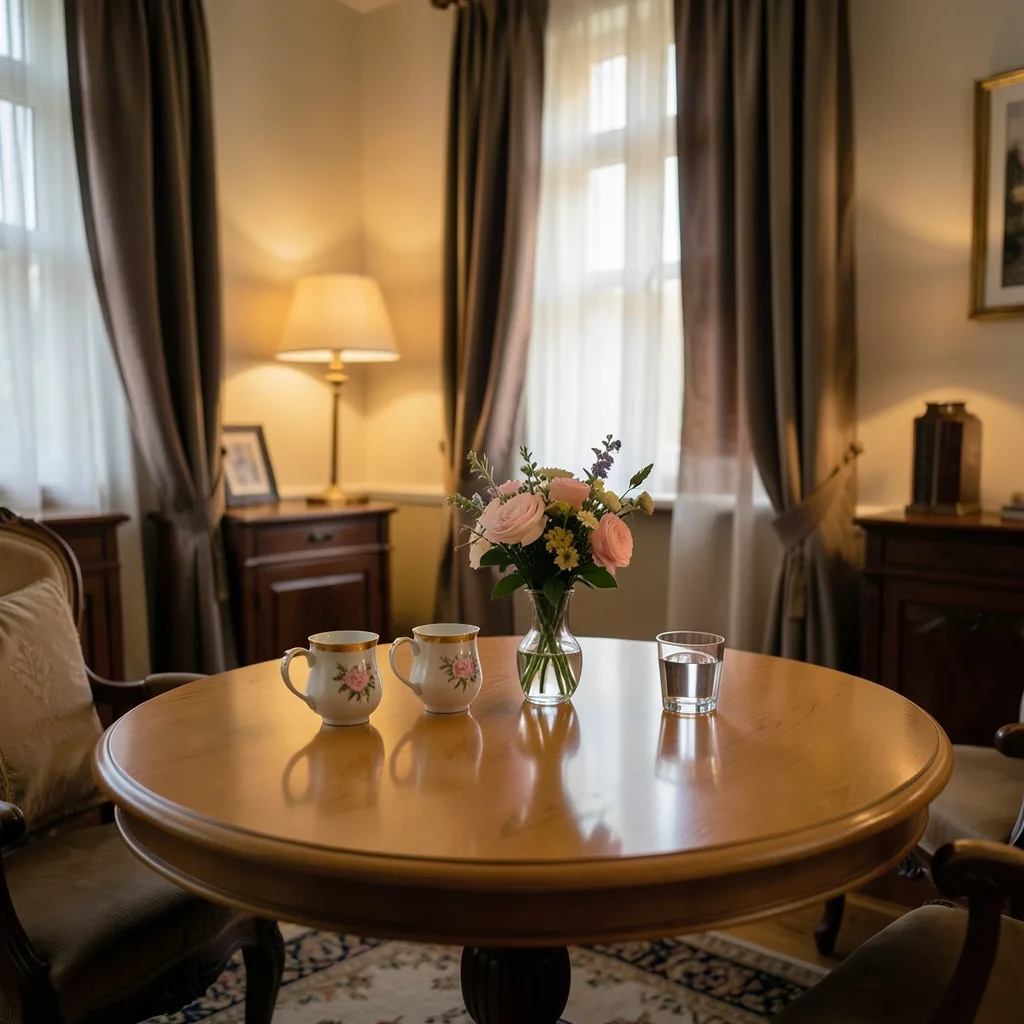 Persönliches Beratungszimmer mit rundem Holztisch und Sesseln in Flieder