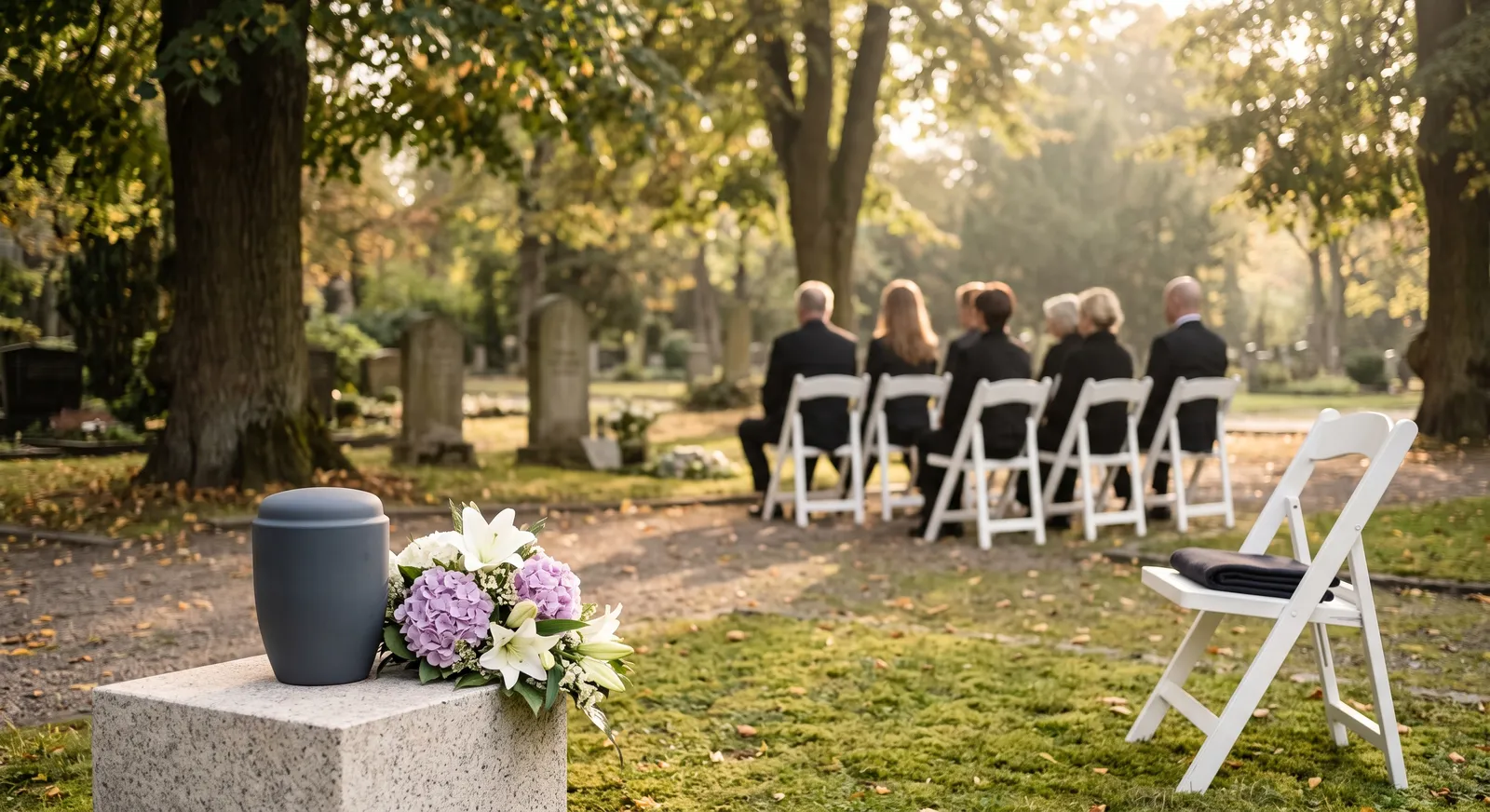Urnenbeisetzung mit weißen Lilien und fliederfarbener Hortensie