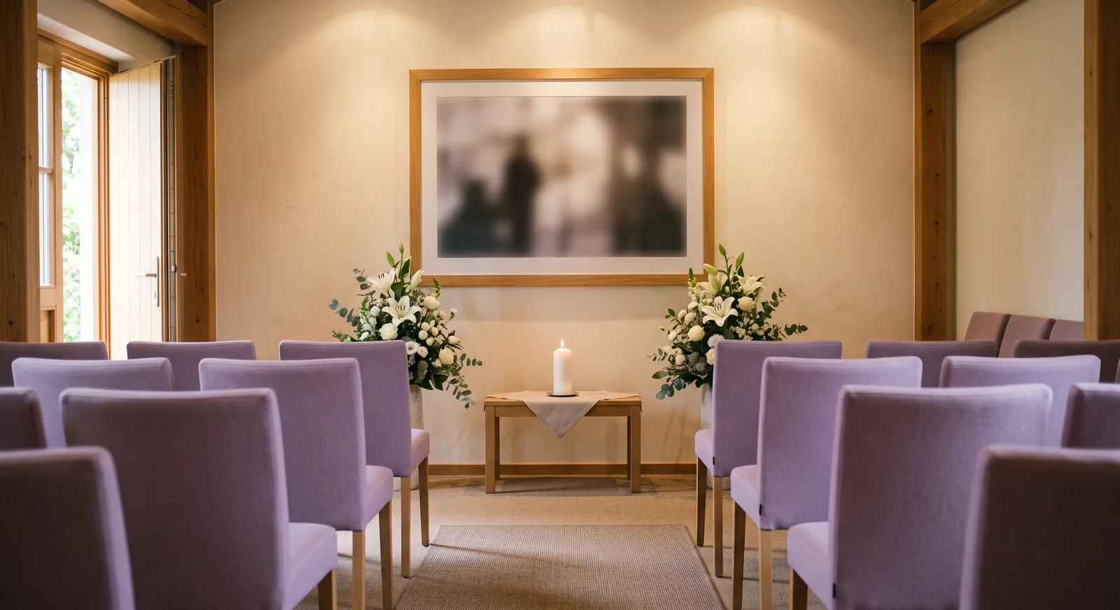Trauerfeier-Saal mit Stuhlreihen in Flieder und Gedenkkerze