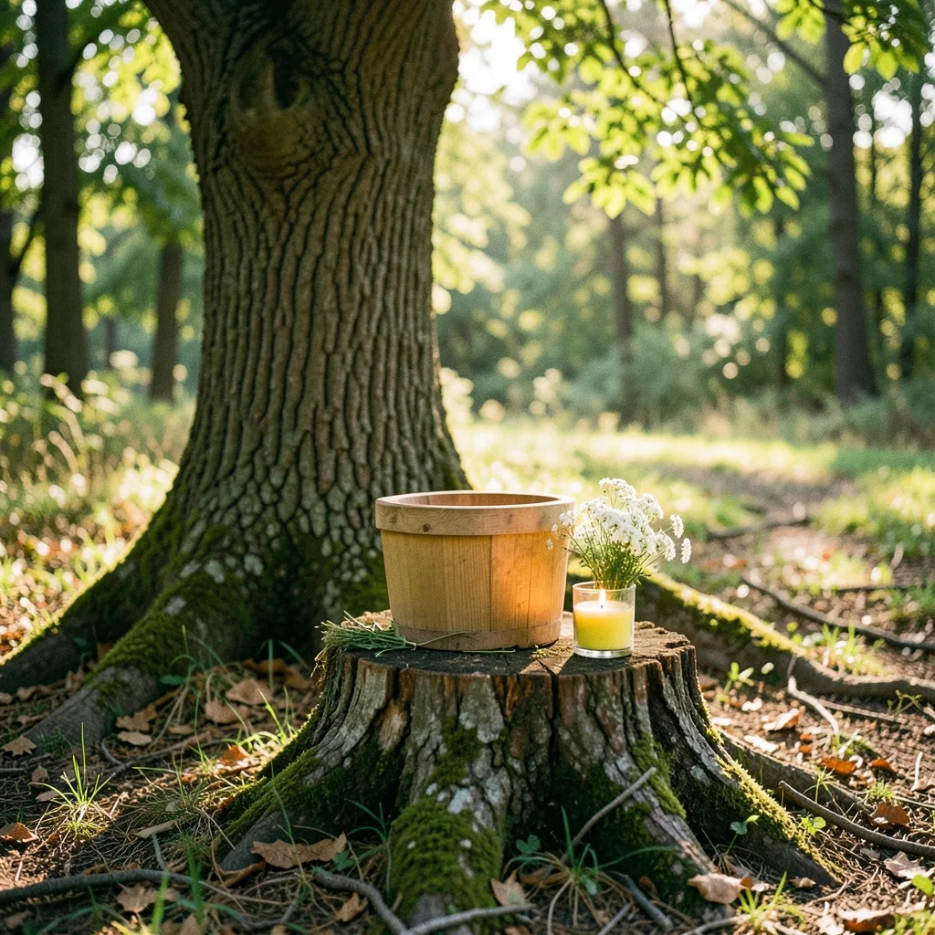 Naturbestattungs-Urne aus Holz auf einem Baumstumpf am Waldrand